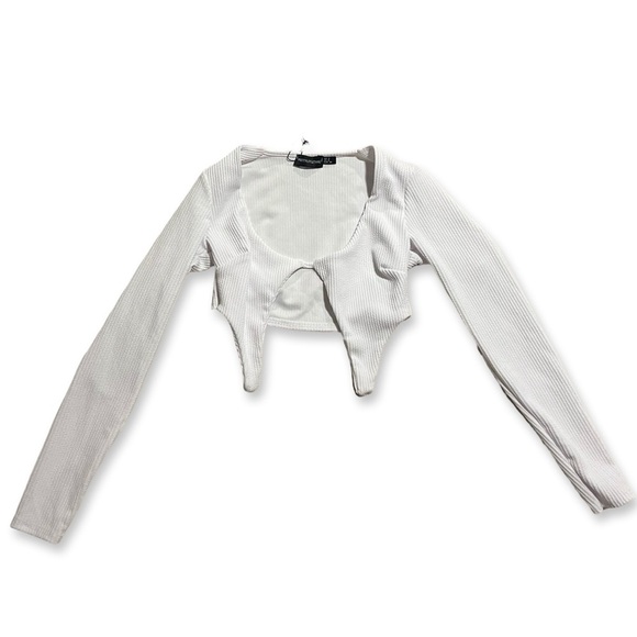 PrettyLittleThing Tops - PLT white cutout detail crop top | scoop neck long sleeve rib knit white top